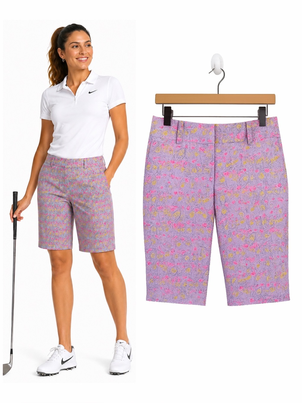 Nike Golf Dri-FIT Paisley Print Bermuda Shorts Lavender Pink Stretch Size 4
